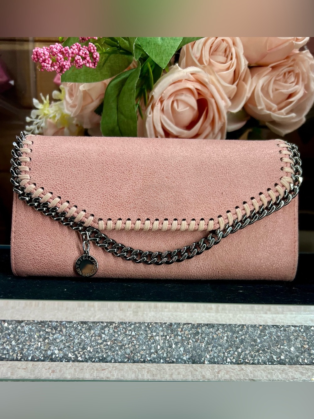 Stella McCartney Blush Pink Chain-Trim Foldover Clutch